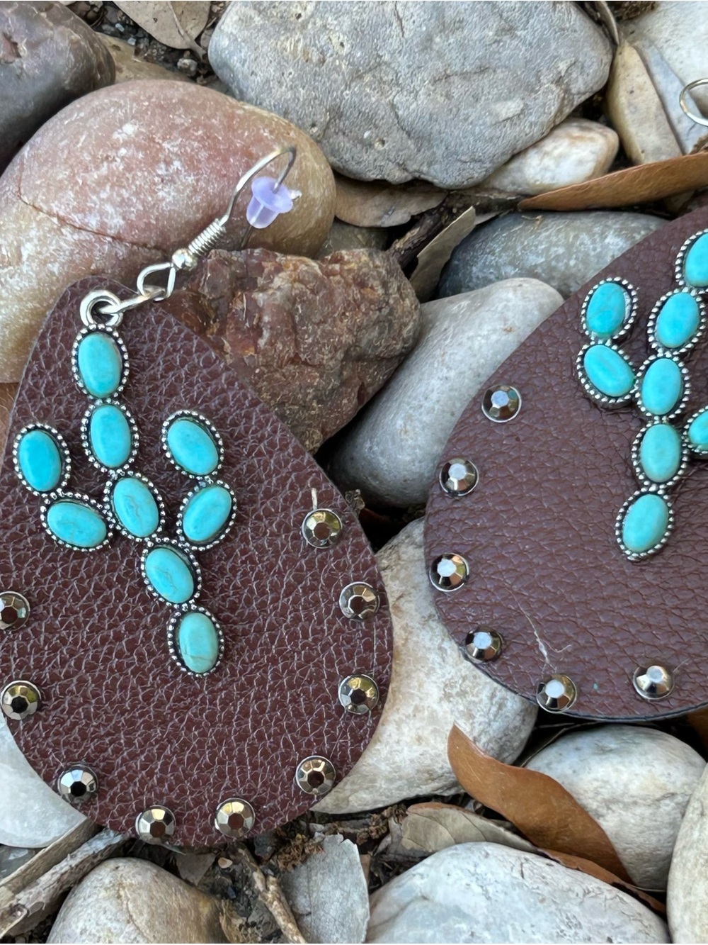 Brown Leather Teardrop Earrings with Turquoise Accents - Picture 2 of 4